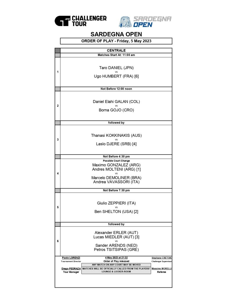 Sardegna Open 2023 programma ven 5 maggio 2023